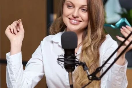 woman busy doing a podcast