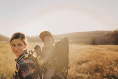 A mother hiking with her baby